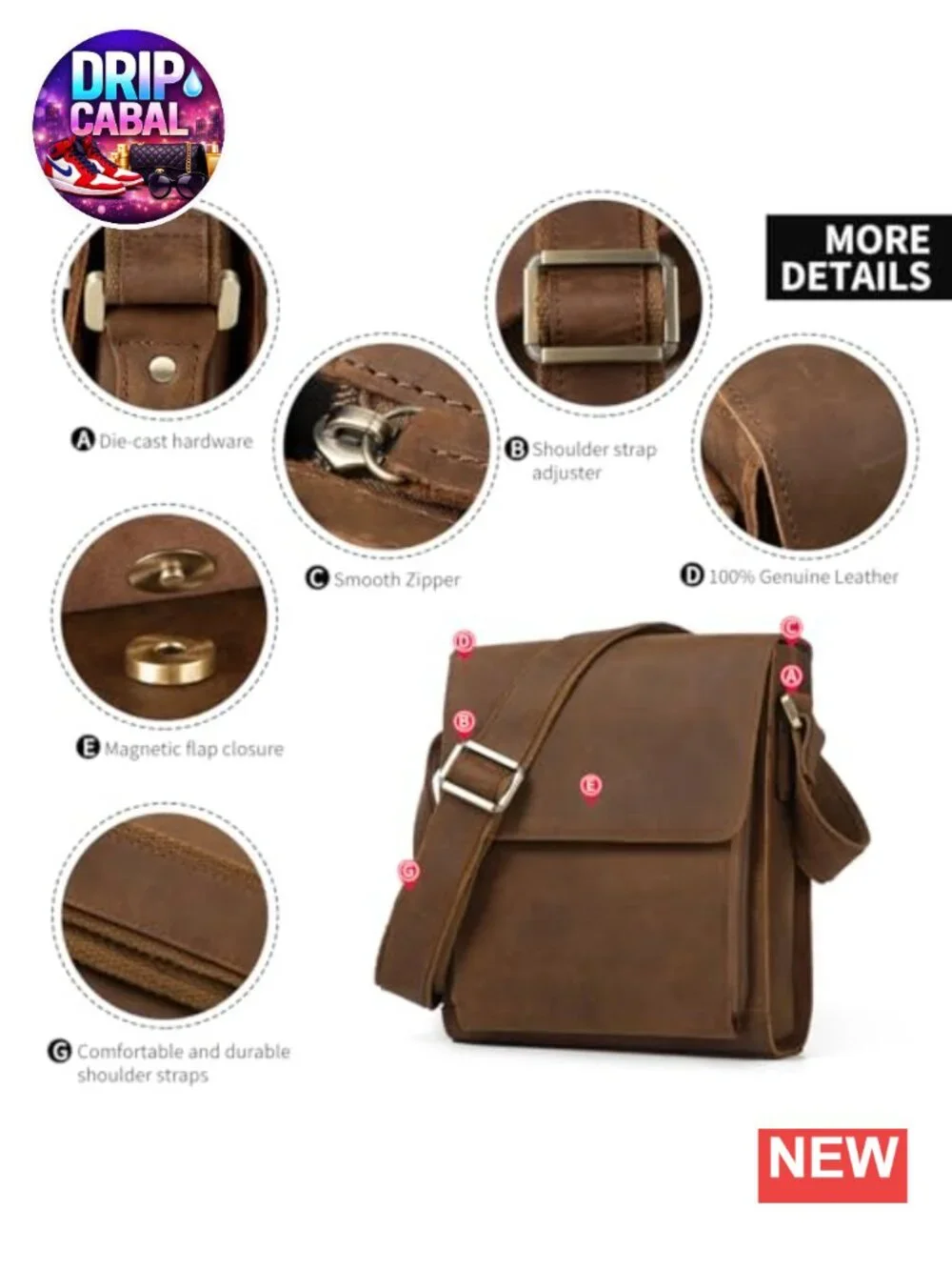 Genuine Leather Crossbody Messenger Bag for Men Work Travel Daily Casual